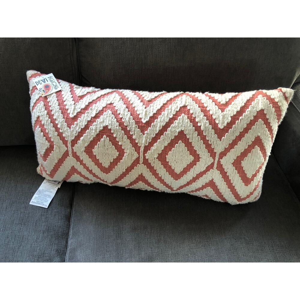 Devi Designs Lumbar Pillow Embroidered Boho Coral Pinkish Cream NWT Nice Quality